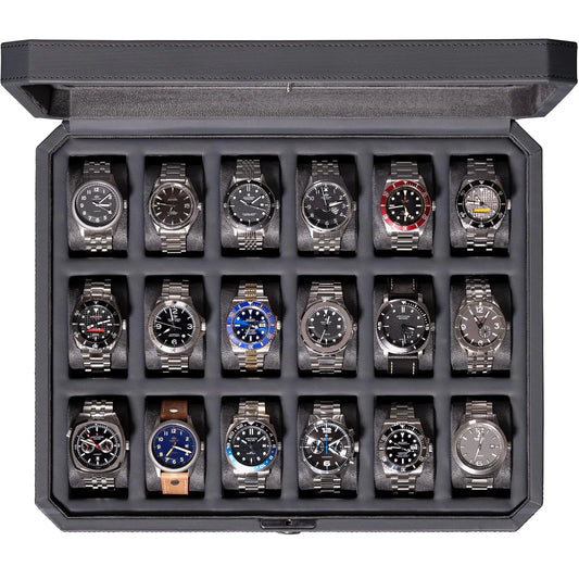 ROTHWELL 18-Slot Watch Case – Luxury Watch Box for Men Real Glass Top Lockable Elegant Watch Display for Collections (Carbon)